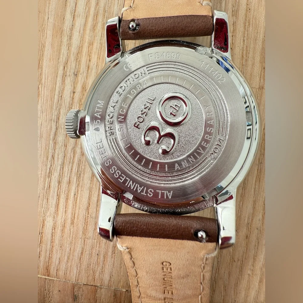 Fossil mens 30th anniversary stainless steel brown leather watch NEW BATTERY